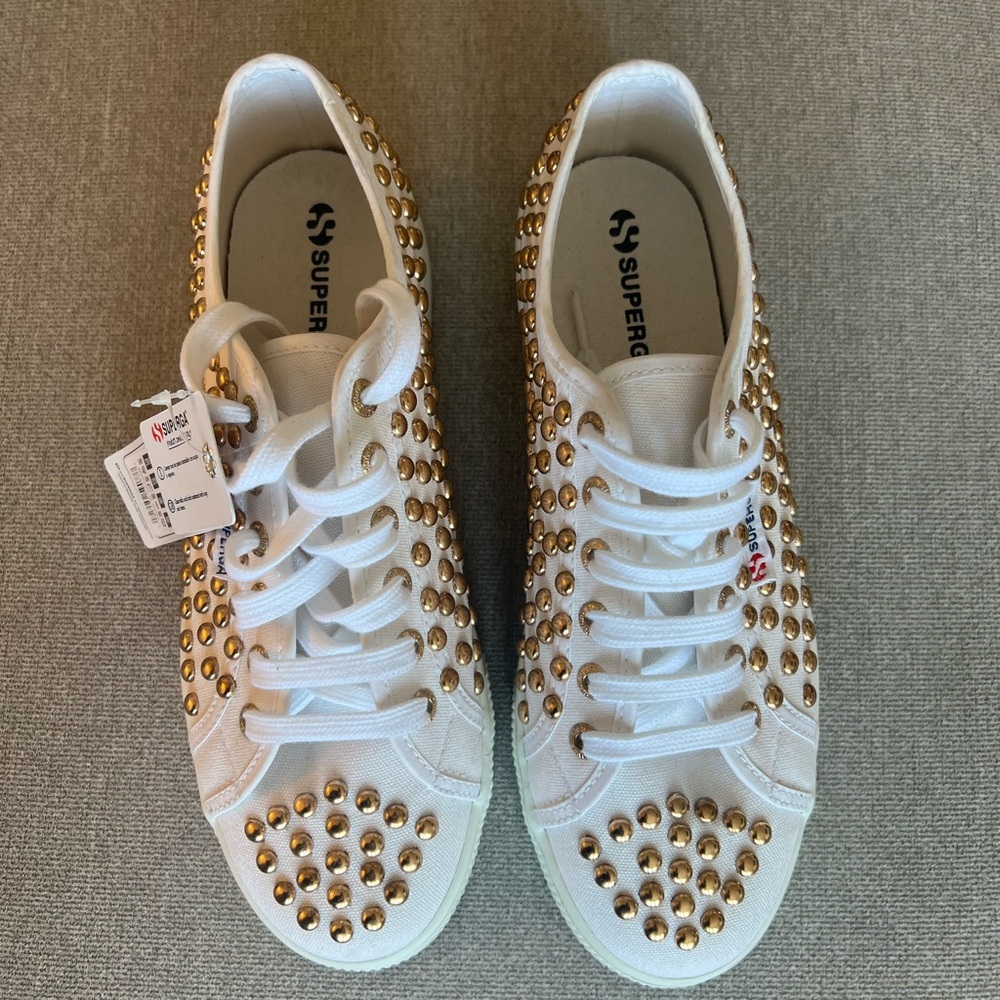 Superga White Platform Sneakers with Gold Accents